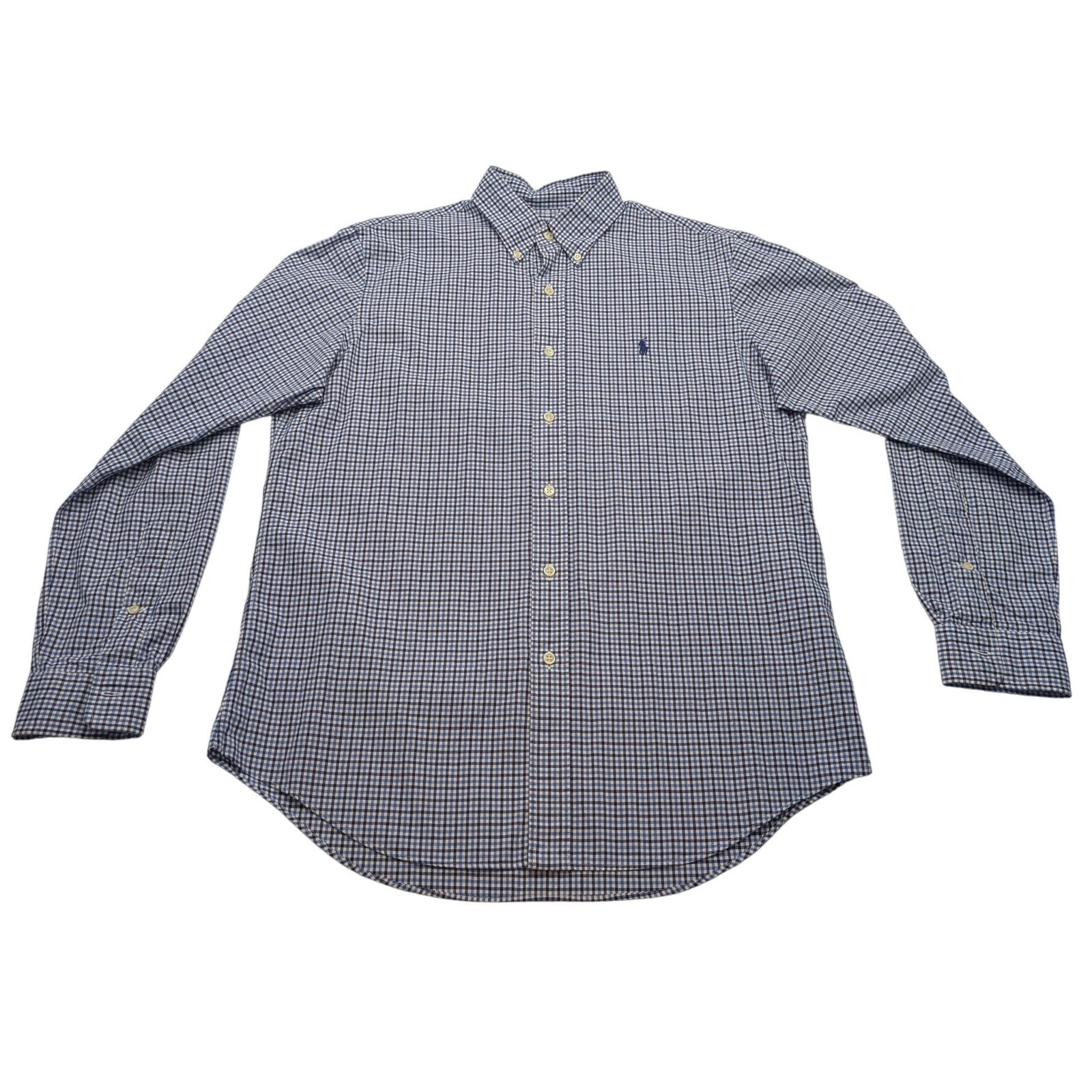 Ralph Lauren Button Down Mens Medium Navy Blue Gingham Check Cotton Shirt
